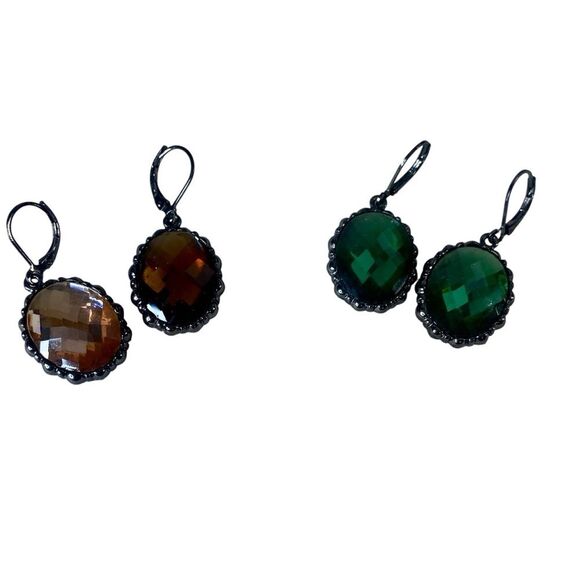Joan Rivers Vintage Earrings Gunmetal Tone Green Brown Faceted Oval Shape 2 Pair - Picture 1 of 5